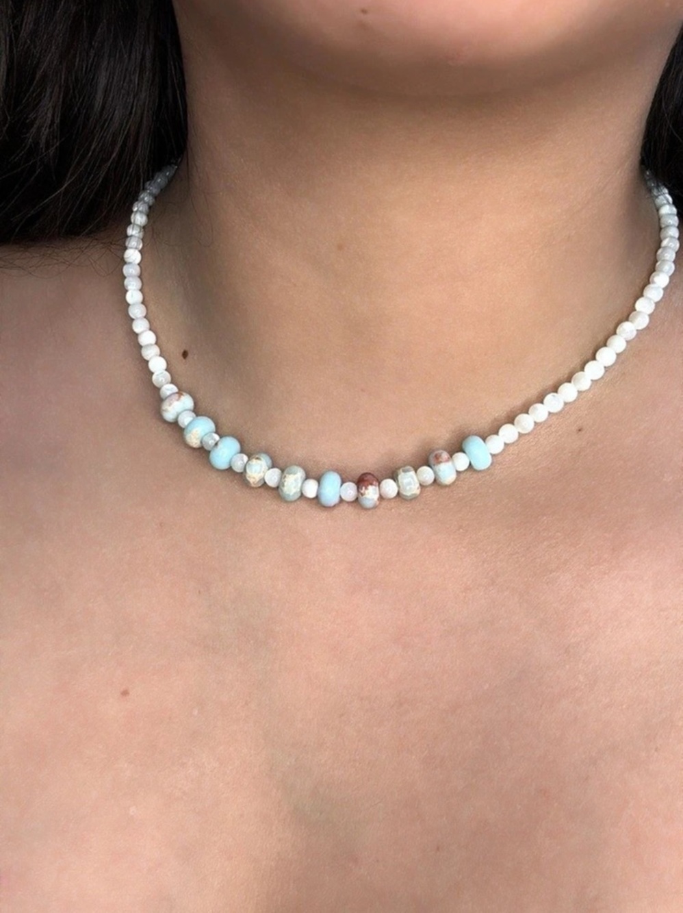 Beaded Necklace in White & Blue Like New